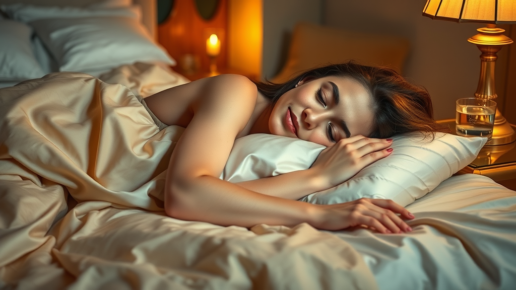Luxury lifestyle tip for bedtime: silk pillowcases, fine linens, creating a restful and lavish life.