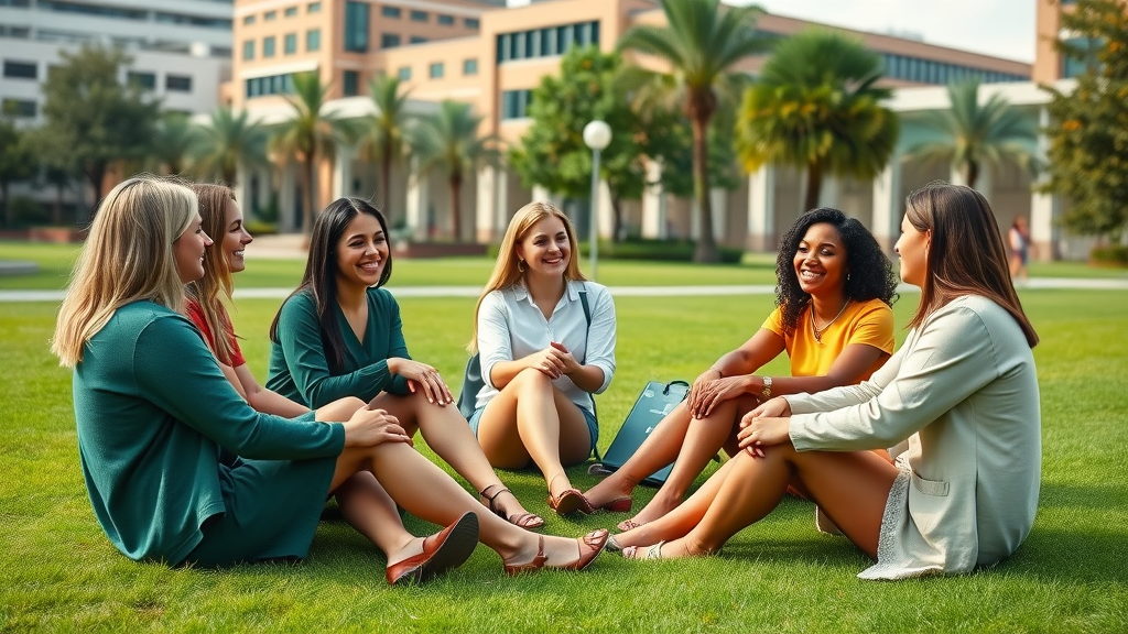 supportive campus community of women exploring self-discovery for women at USF Tampa, sitting together outdoors, exchanging ideas