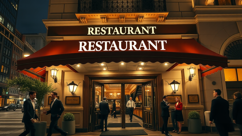Luxurious famous restaurant exterior at night, iconic architecture with guests arriving, softly illuminated golden entrance – fine dining restaurant nightlife scene