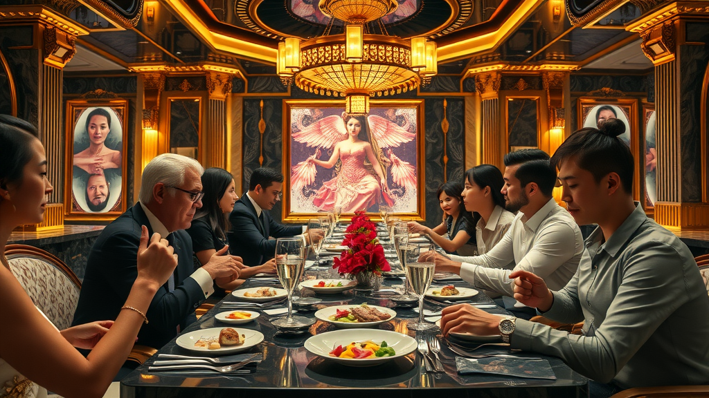 Opulent luxurious dining setting with gold accents, digital art displays, and elaborate multi-course meal – the most luxurious restaurant fine dining experiences