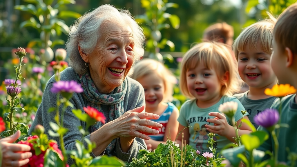 elderly woman living with purpose, joyful with children in community garden
