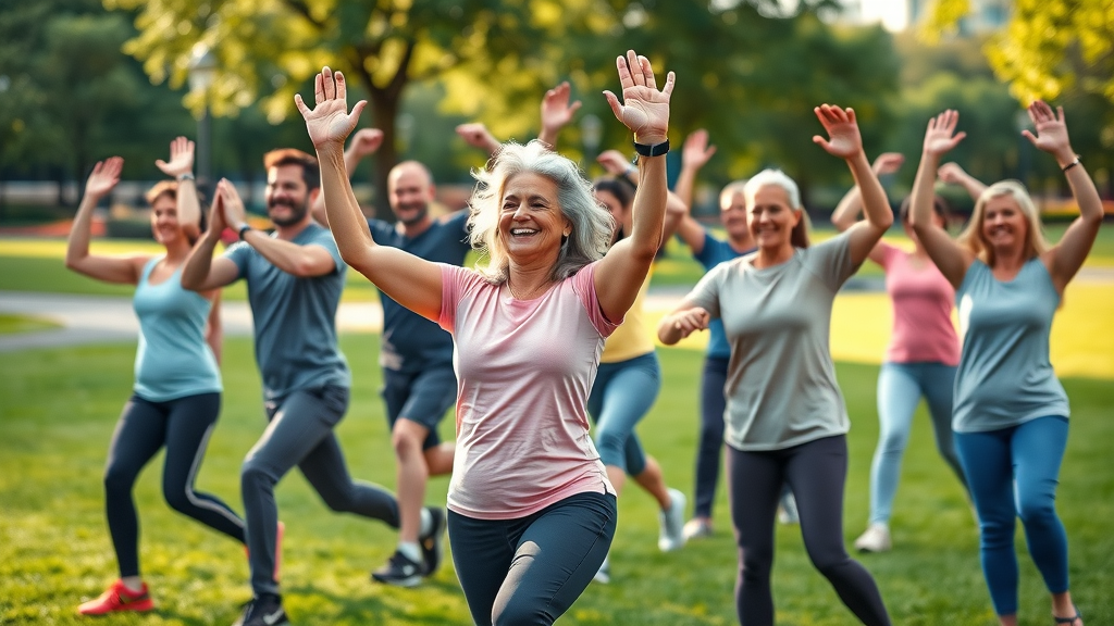 Vibrant community outdoor fitness session featuring diverse age groups participating in dynamic fitness and recreation activities in a lush city park.