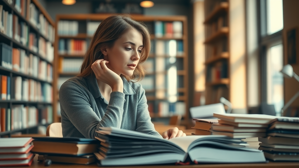 thoughtful woman on academic journey, surrounded by graduate theses and dissertations, deep in self-discovery for women, warm university library setting