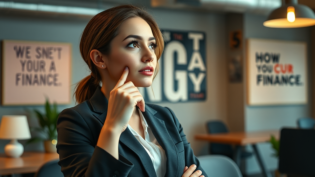 Modern businesswoman reflecting on her money mindset for women entrepreneurs in a motivational co-working space.