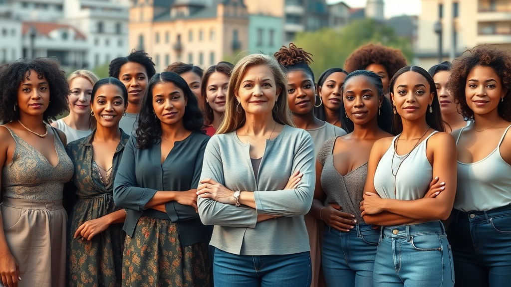 powerful group portrait of diverse, inspirational women standing together in an outdoor public square with city in background, expressing unity and inspiration