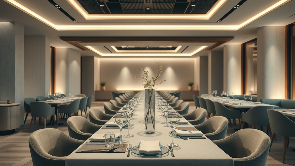 Minimalist upscale modern dining room with elegantly set tables, neutral tones, and delicate glass vases – ultra-luxury fine dining restaurant design
