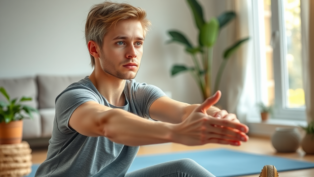 Motivated beginner stretching on a mat before starting a home fitness and recreation activity in a cozy living room.