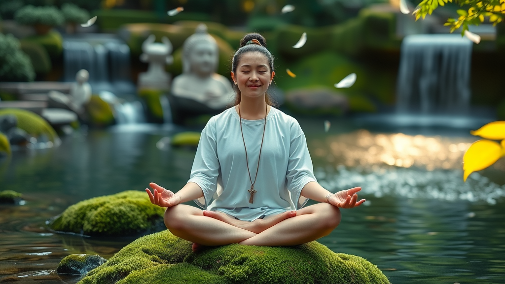 enlightened individual meditating in nature, wisdom mind inner voice guidance