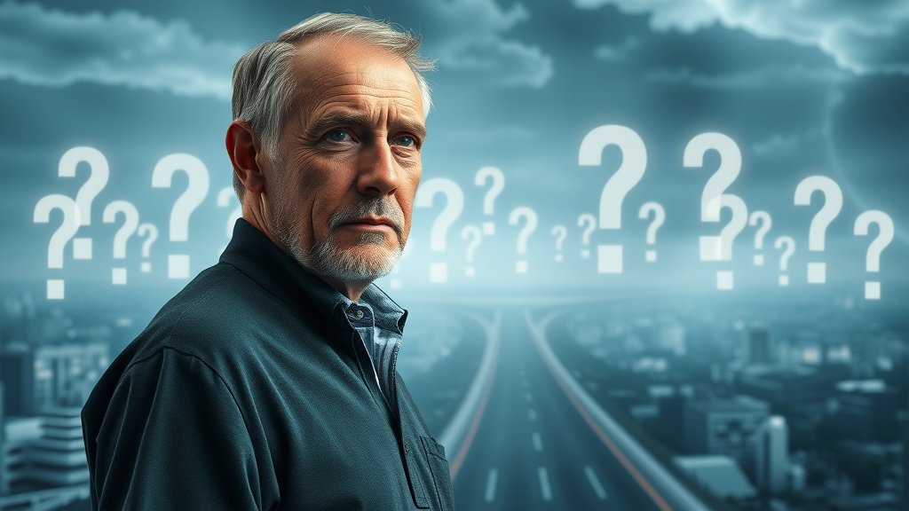 mature man living with purpose, contemplating crossroads in futuristic city
