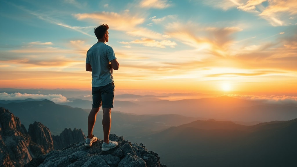 bold life choices inspirational young adult mountain peak panoramic sunrise