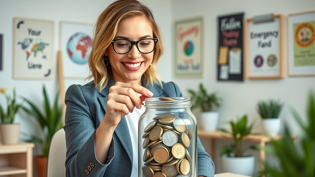 emergency fund, female business leader depositing money into fund jar
