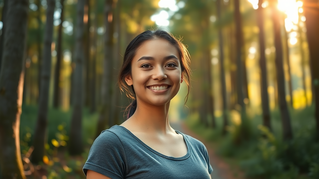 inspirational portrait of a diverse, confident young woman beginning her self-discovery for women journey, soft golden sunlight, forest path
