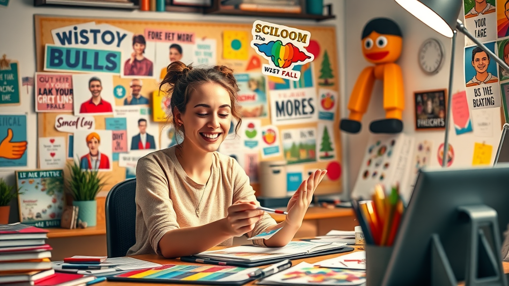 Woman creating a vision board in a colorful workspace for bold living