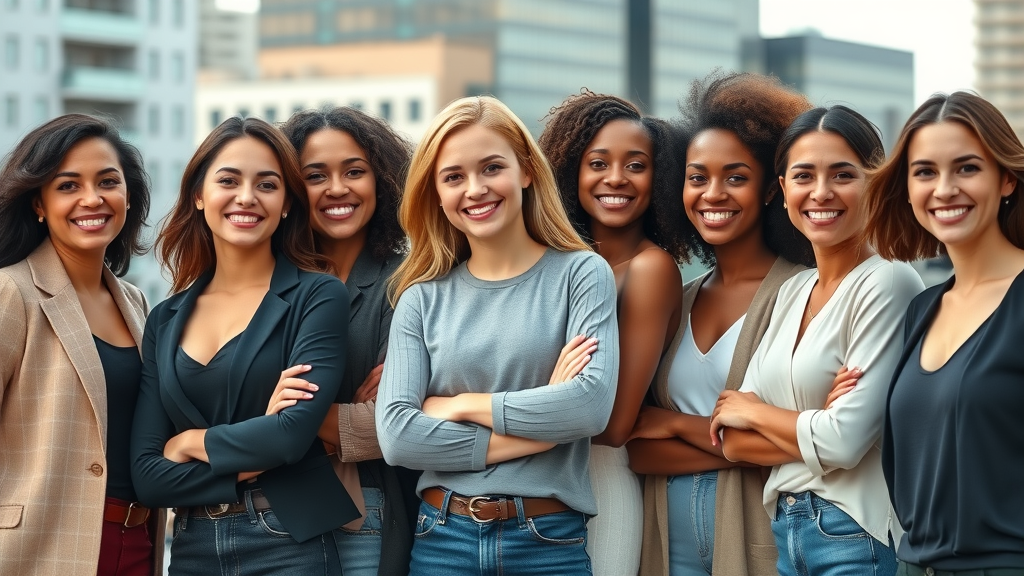women empowerment group confident women urban cityscape