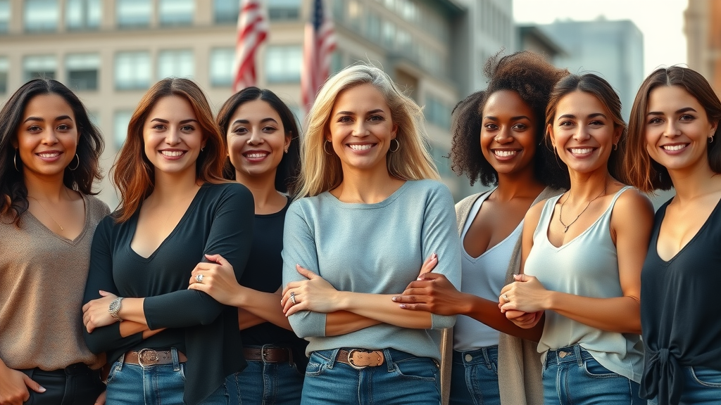 Confident, diverse group of women united for female motivation and inspiration in the United States, urban city background, supportive and smiling expressions, vivid sunlight